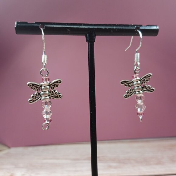Silver-Toned Dragonfly Dangle Earrings with Pink Crystal Beads - Picture 7 of 11